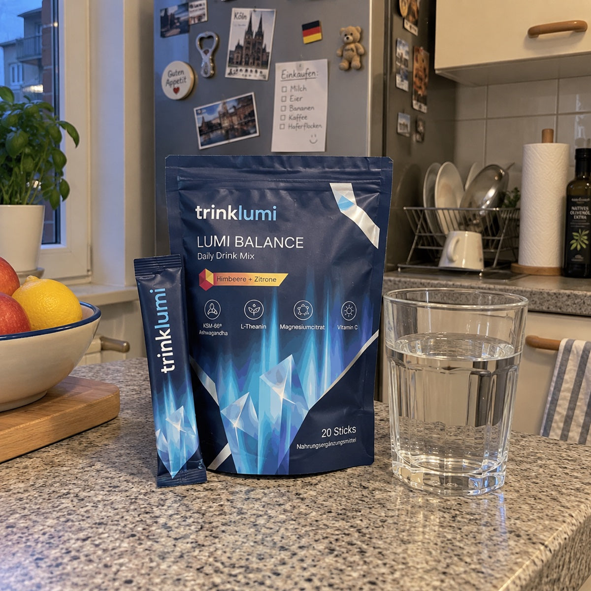 TrinkLumi Beutel und Einzelstick neben einem Glas Wasser in einer echten Küche